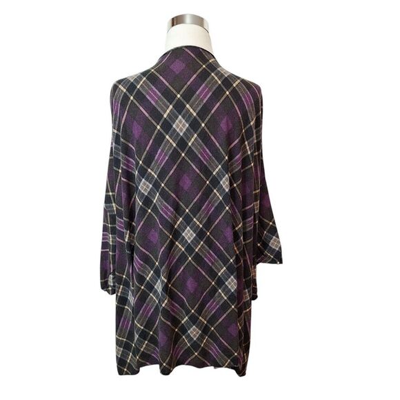 Plus Size ?? Batwing Dolman Sleeve Open Front Cardigan Topper Purple Black Plaid - Picture 2 of 5